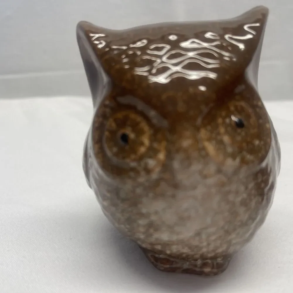 Vintage Set Lot 2 Glazed Porcelain Ceramic Owls Decor Brown Rust Collect MCM EC